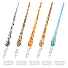 Ensemble de 5 Plumes de Calligraphie en Verre avec Porte-Stylo